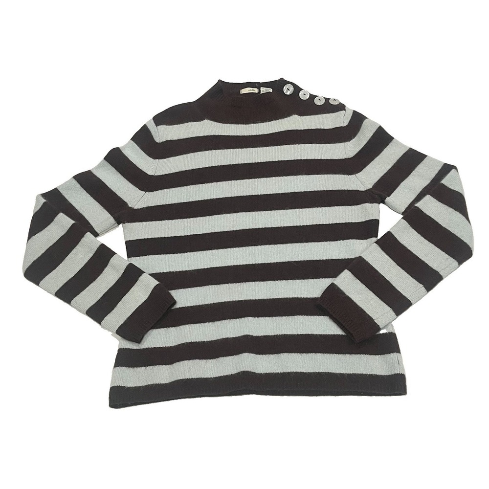 Odille Striped Lambswool Angora Sweater Brown Blue Button Shoulder Women Large